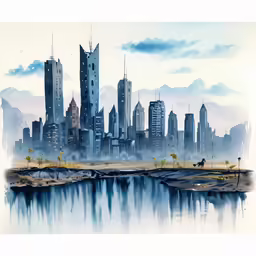 a painting depicting the skyline with the tall buildings on either side and some water