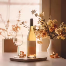 the bottle of white wine is on a table beside two wine glasses