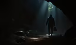 the man stands in front of the dark cave and looks at the bright rays coming from a cave