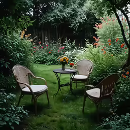 two chairs sitting on top of grass covered ground