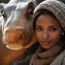 a woman standing next to an animal and posing for a picture