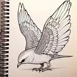 a bird flying over a paper with a drawing on it