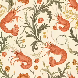 a fabric design with shrimp and flowers in orange, green, beige and red