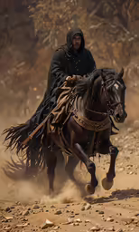 a man in black riding a horse in the desert