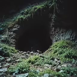 a large cave in a rocky area with a few rocks