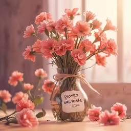 a vase filled with pink flowers next to some water