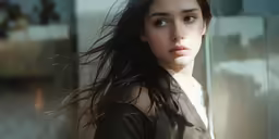 a woman with long black hair is looking ahead