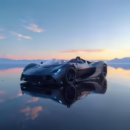 a supercar in water reflecting its roof and the sky