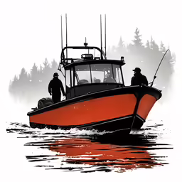 two men standing on a fishing boat in a body of water