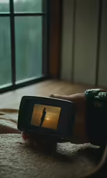 someone taking a photo with their cell phone of a person standing in a room