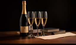the bottle of wine is next to three glasses of champagne