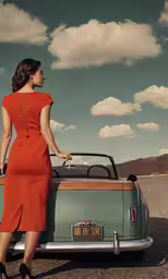 a woman wearing a red dress leaning on the back of a car