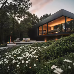a house with large glass windows and furniture