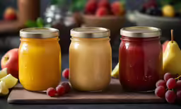 three jars with fruit and a banana sit on a cutting board