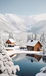wooden cabins sit near a lake and trees