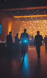 people walking down the center hall towards an event with bright lights