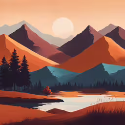 a painting that has been done to look like a mountain range,a painting of a mountain landscape with trees and a lake