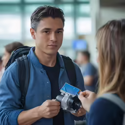 a male in a blue jacket with a camera