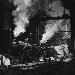 smoke billowing out from a camera and a bag with gift boxes sitting on top of it