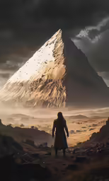 the lord stands next to his giant rock in front of a mountain