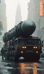 a military vehicle driving through a city intersection