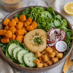 a bowl of vegetables and dressings with an orange wedge and sliced cucumbers in it