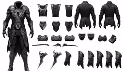 a set of character outfits, armor and mask for an upcoming film