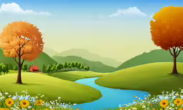 a rural countryside with flowers, a river, and trees,trees and flowers with river in foreground