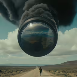 a person walking on a road under a black cloud