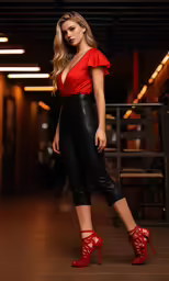 a woman posing in high heels wearing red heels