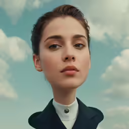 woman in dark suit and white shirt with blue sky in the background