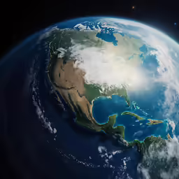 a blue planet with dark atmosphere and bright lights