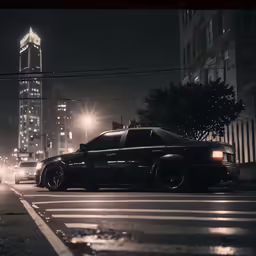 a dark photo of two cars on a wet street
