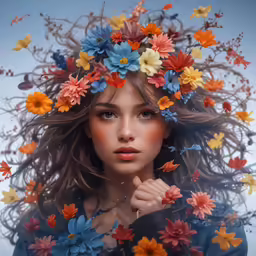 a girl in flowers and butterflies has her head tilted over