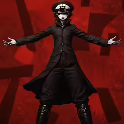 a red and black doll has its arms out