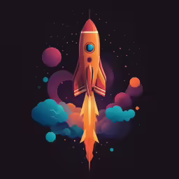 an orange rocket ship flying through the night sky