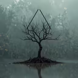 a tree growing out of the top of a small island in the middle of the water