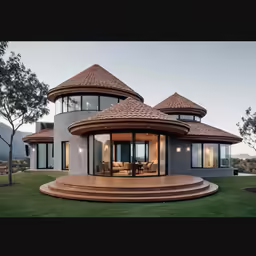 a house with a circular patio, covered in tile and wood