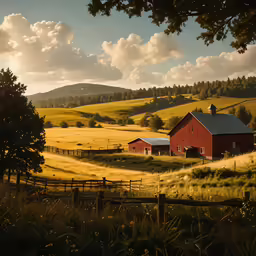 a red barn in a field on a sunny day