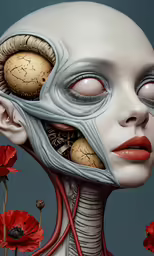 an alien with red flowers around its head