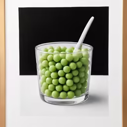 a painting with a glass of green balls in it