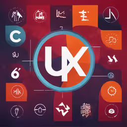 the letter u is in front of some different symbols,a sign and a circular object on a red background