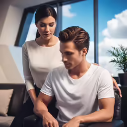 the man and woman are all looking at the laptop