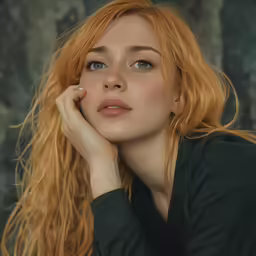 a woman with blonde hair with a green background