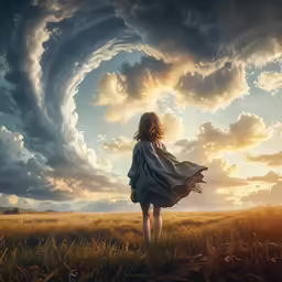 woman in large cape standing on edge of field under cloudy sky