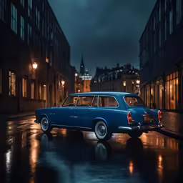 an old station wagon parked on a city street at night