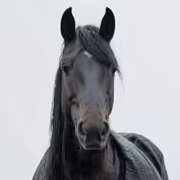 a black horse with long mane standing in snow