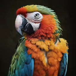 a colorful parrot looking at the camera on dark background