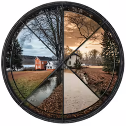 four photographs of houses on an open field with one red house and one brown house