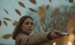 a woman holding a remote near a fire